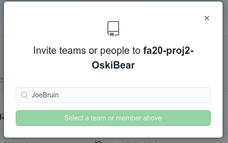 Invite your partner (replace JoeBruin with your partner's GitHub username)